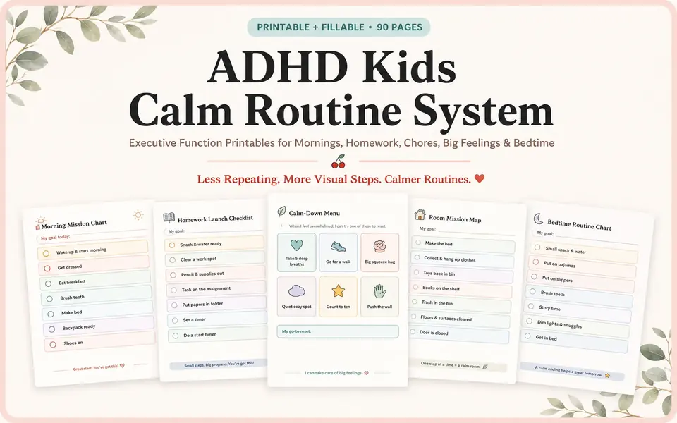 ADHD Kids Calm Routine System cover with visual routine and feelings charts