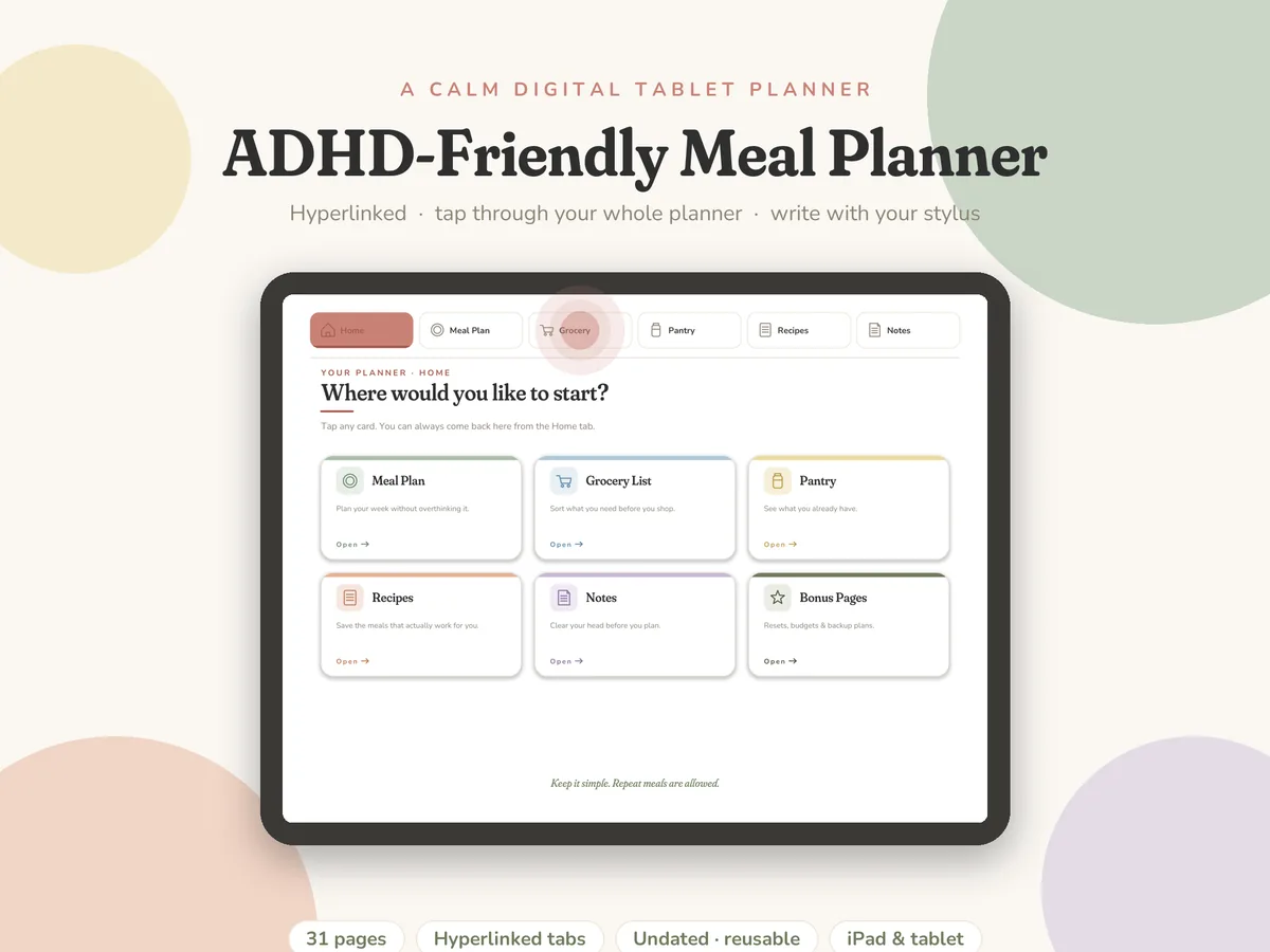 ADHD-Friendly digital tablet meal planner home screen with hyperlinked tabs