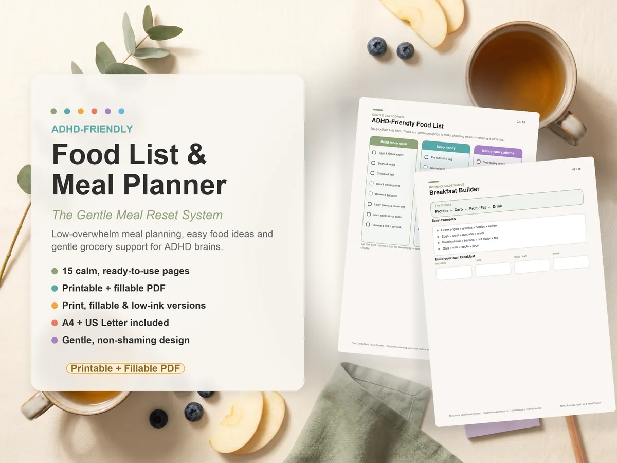 ADHD-Friendly Food List and Meal Planner cover with its real planner pages